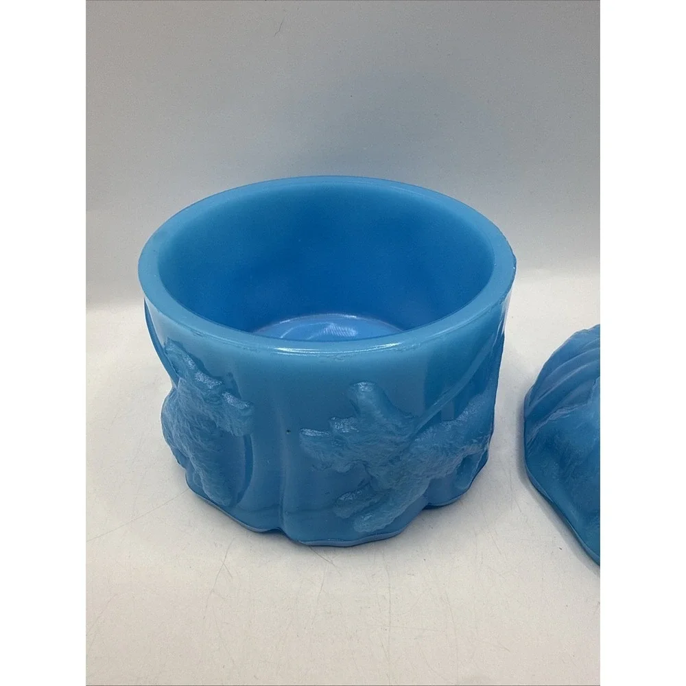 Vtg Akro Agate SCOTTISH TERRIER Trinket Box Luscious Blue Slag Glass EUC